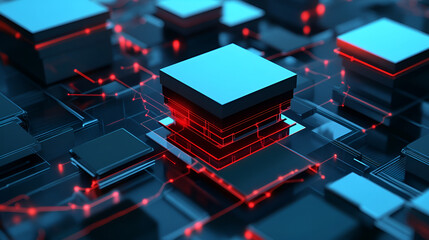 Futuristic data processing system with glowing circuits and abstract geometric shapes for technology backgrounds
