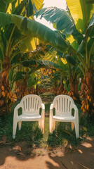 A photo of two white plastic chairs placed in the middle of an outdoor lawn surrounded by banana trees