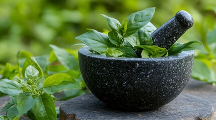 Rustic stone mortar and pestle crushing fresh green leaves for traditional herbal medicine