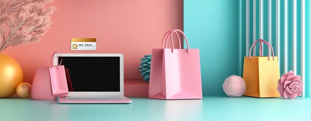 Colorful workspace with shopping bags and laptop.