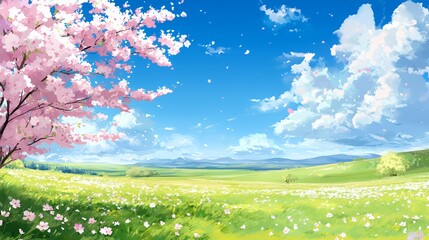 Pink Cherry Blossoms in Spring Field under Blue Sky