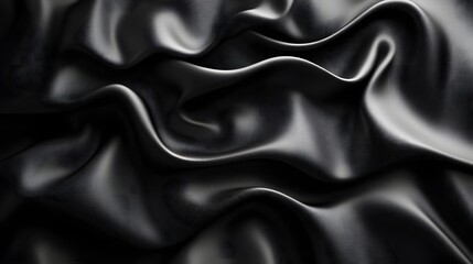 Fototapeta premium Close-up view of a black silk fabric with elegant drapes and folds. The image showcases the rich texture and subtle sheen of the luxurious material. Silk texture. Abstract Black Silk Fabric Texture