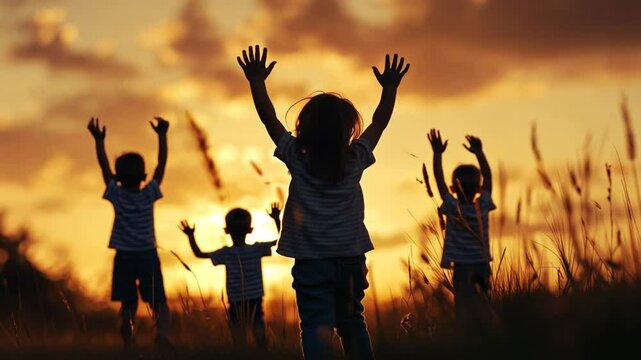 Kids frolic in a sunlit field during a warm summer evening.