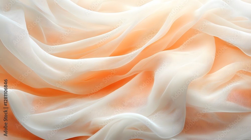 Poster Close up of Peach and white sheer fabric with soft folds and drapes. Elegant background texture. Silk texture. Peach and White Sheer Fabric Draped Abstract Background Texture