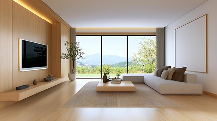 Fototapeta premium minimalist living room interior, design, living, room, patterns Modern living room with scenic view