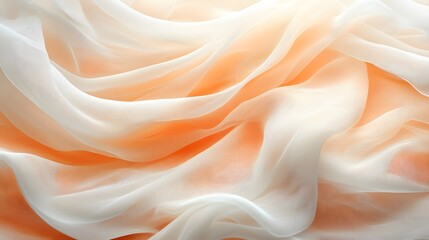 Close up of Peach and white sheer fabric with soft folds and drapes. Elegant background texture. Silk texture. Peach and White Sheer Fabric Draped Abstract Background Texture