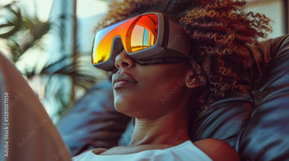 Poster a woman is relaxing in a chair while using advanced virtual reality goggles designed for digital the