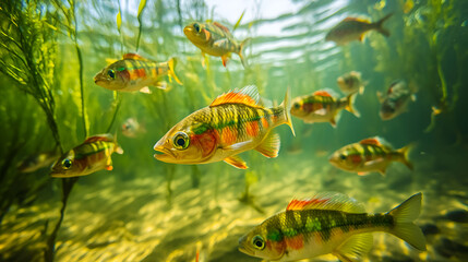 Naklejka premium Vibrant underwater scene of colorful perch swimming through lush aquatic vegetation in a serene environment