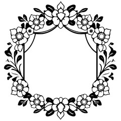 Floral frame, abstract design, border, black and white, vector art illustration.
