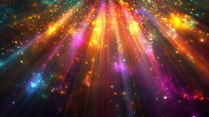 Obraz premium Colorful light rays and sparkles burst from a dark background.
