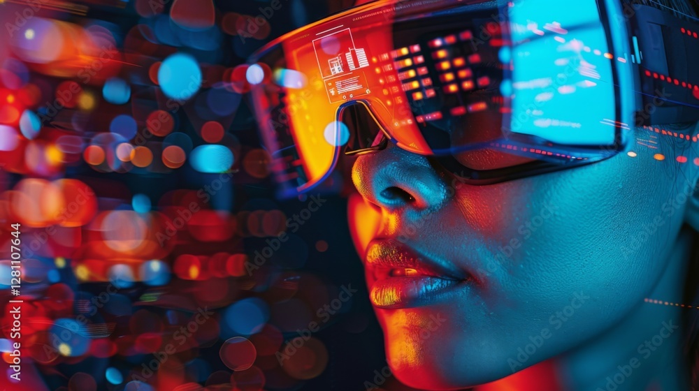 Poster a person is engaged with digital therapy tools that blend vibrant lights and advanced visuals, focus
