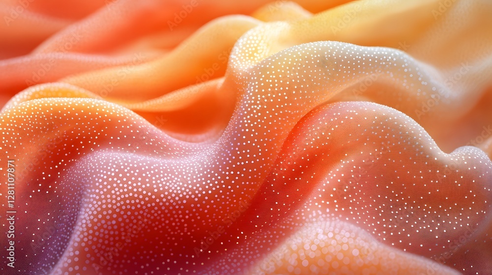 Poster close-up shot of a glittery fabric with a warm color gradient, showcasing its texture and folds. per