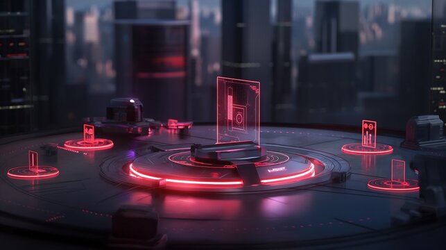 A futuristic command center where an AI-driven robotic process automation system is represented through AR holograms, seamlessly transferring and analyzing financial data across multiple applications.