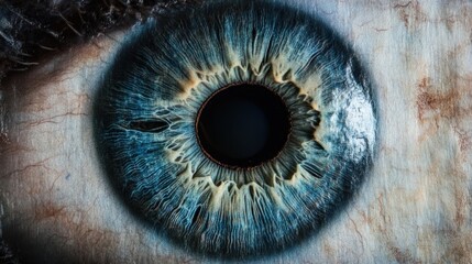 Close-up of a detailed blue human eye, showing iris, pupil, and surrounding sclera.