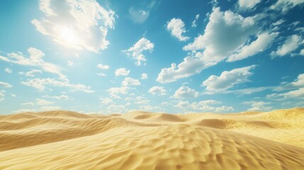 Naklejka premium A wide shot of desert dunes with a blue sky and white clouds