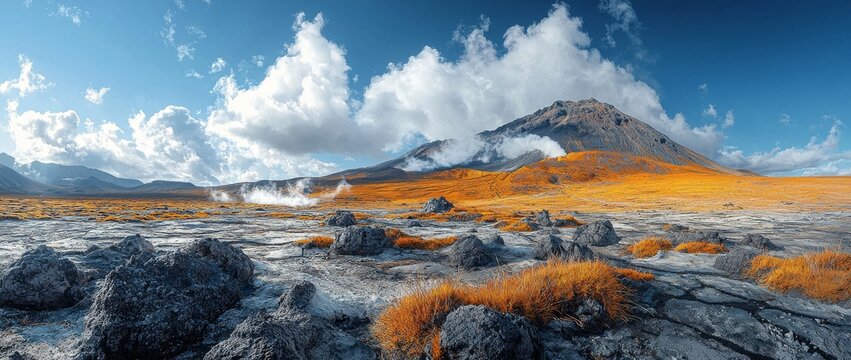 In the volcanic terrain, a pristine glacier melts near steamy geysers, painting surreal contrasts of Asia Pacific's varied landscapes beneath a dramatic, cloudy sky