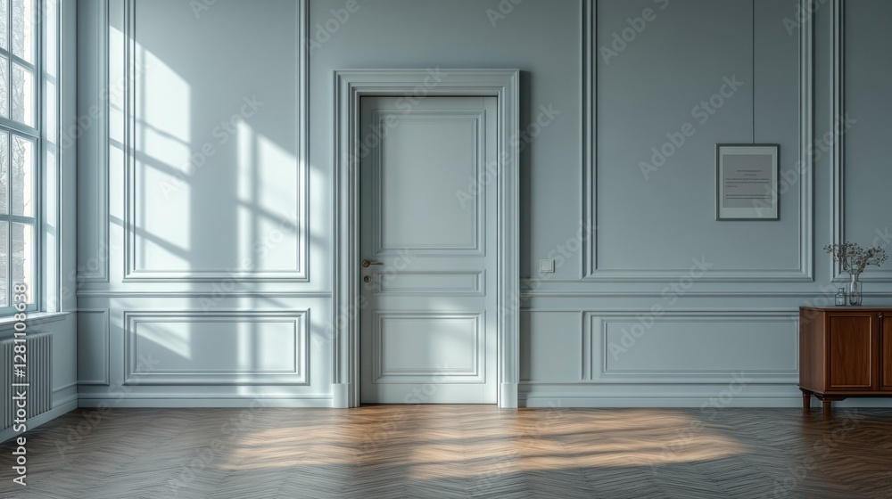 Poster sunlight filters through the large windows, casting delicate shadows on the polished wooden floor. a