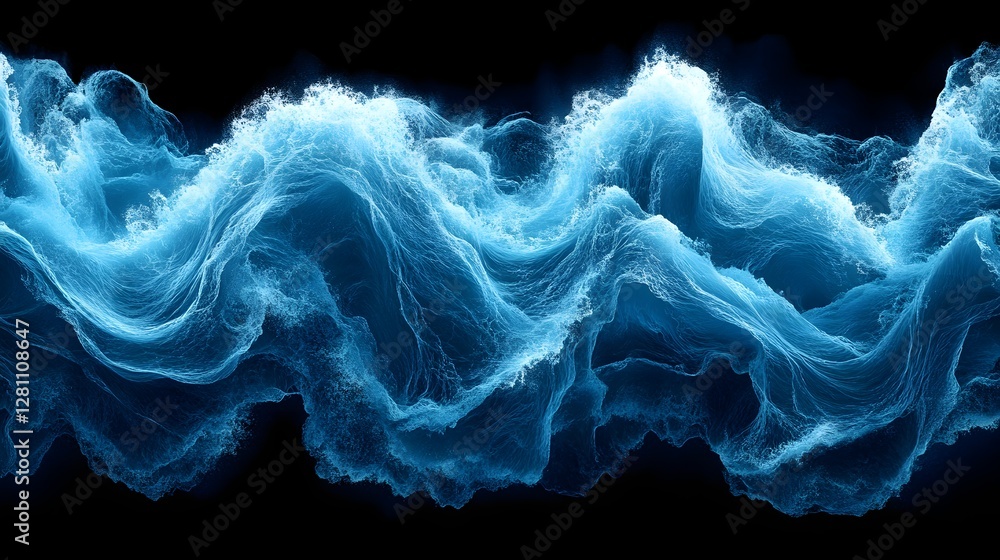 Poster digital art depicting abstract ocean waves. blue hues dominate, creating a serene and calm atmospher
