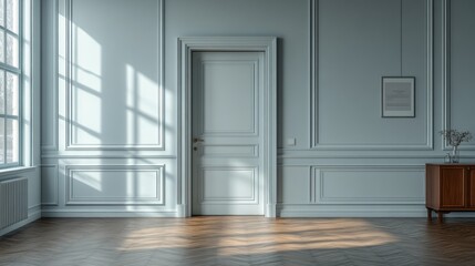 Fototapeta premium Sunlight filters through the large windows, casting delicate shadows on the polished wooden floor. An open door invites curiosity into the tranquil white room, creating an atmosphere of peace