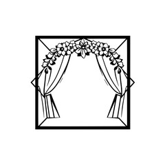 Black and white line drawing of a floral archway with curtains, inside a square.