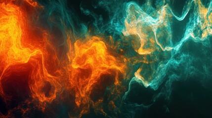 Abstract fiery and icy swirls, orange and teal colors mixing, dynamic energy.