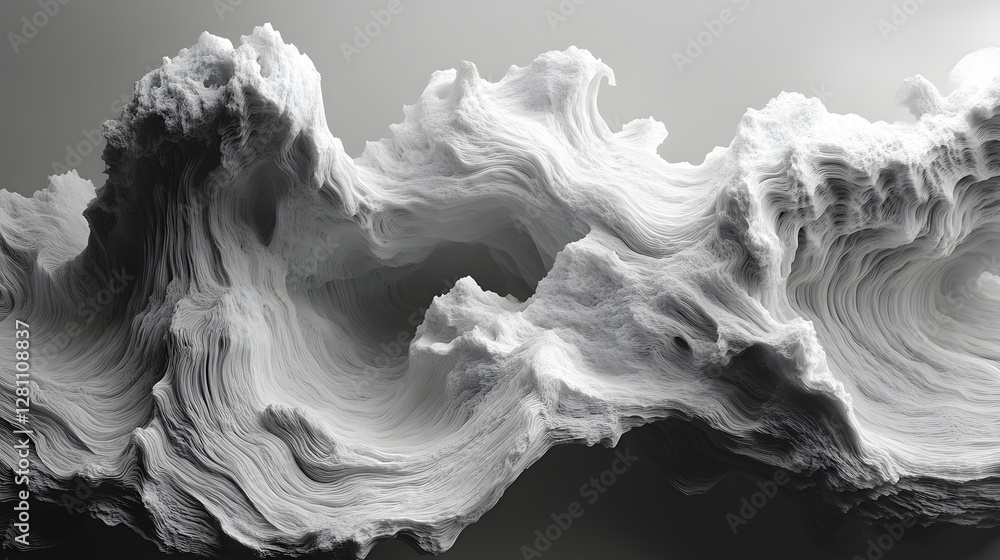 Poster A grayscale abstract image of sculpted, flowing white forms resembling waves or clouds, creating a serene and modern aesthetic. Abstract Monochrome Landscape: Sculpted Waves of White