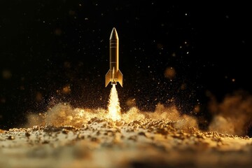 Fototapeta premium A rocket ascends from a sandy expanse, embodying ingenuity and exploration