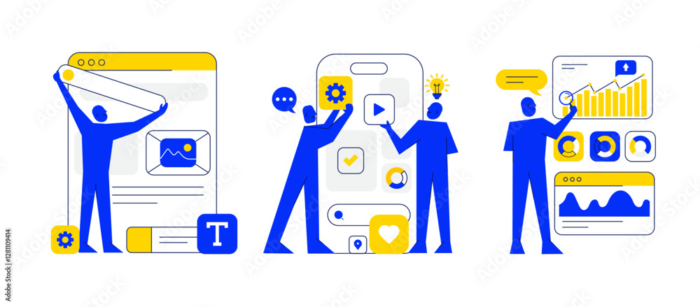 Poster productive workflow organization - concept illustrations. collection of scenes with people organizin