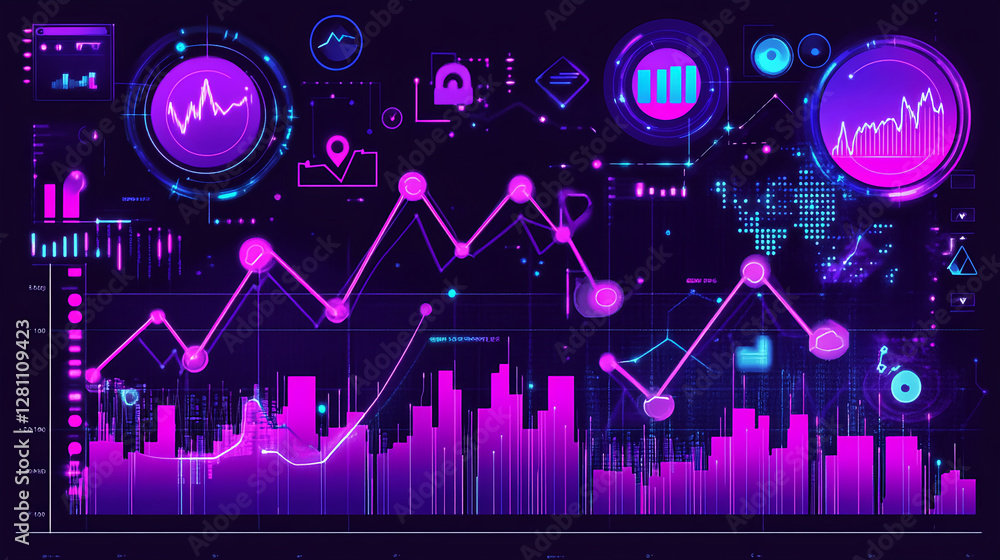 Poster analyzing data trends with graphs and charts digital workspace infographic tech environment aerial v
