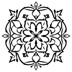 Intricate Black and White Mandala: a Floral Illustration centered on white background.