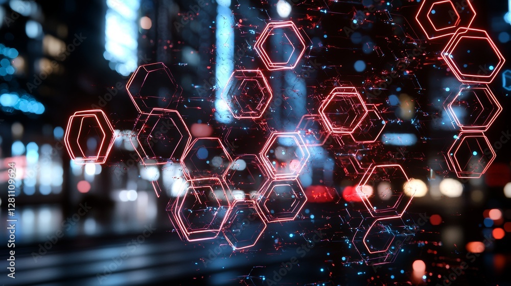 Poster illuminated hexagonal patterns create an abstract texture in a digital environment, embodying a futu
