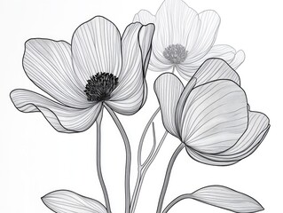 Pen-and-ink illustration of two flowers with stems and leaves, styled with fine lines.