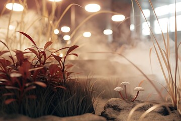 A surreal misty scene with red foliage, white mushrooms, and soft diffused light, creating a magical atmosphere
