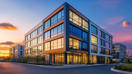 Fototapeta premium Office building glowing in golden dusk light, framed by urban skyline, evoking a sense of modern ambition and quiet reflection