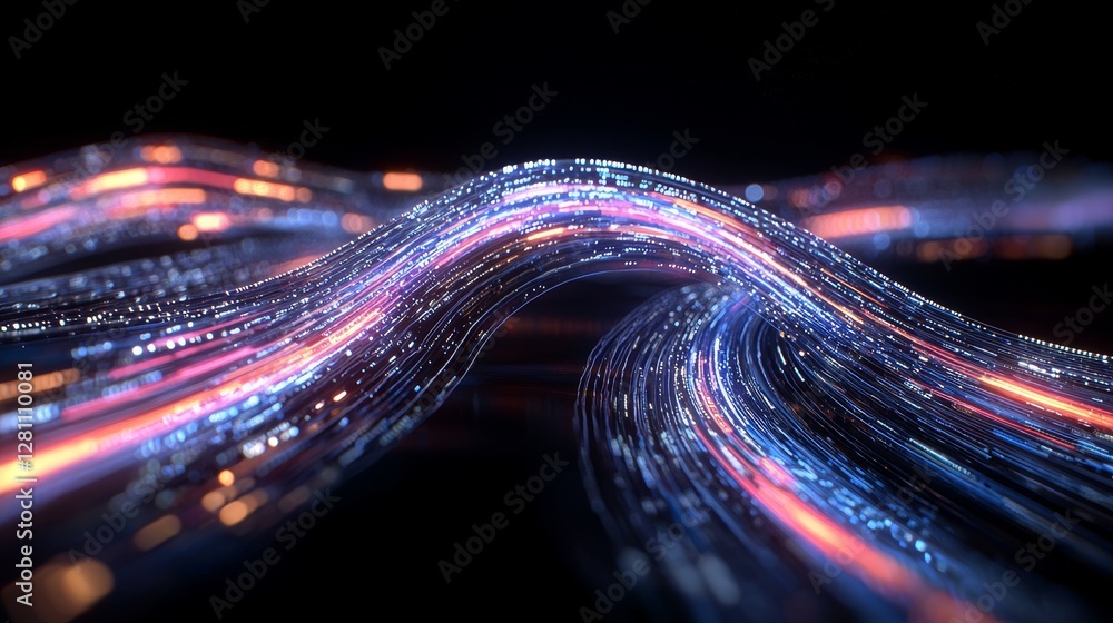 Poster a modern, cutting-edge abstract design with luminous diagonal lines traversing a dark background, of