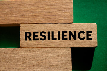 Resilience message written on wooden block on green background. Conceptual resilience symbol. Copy...