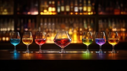 A vibrant array of colorful glasses filled with diverse alcoholic drinks elegantly displayed on a bar counter against a dark background