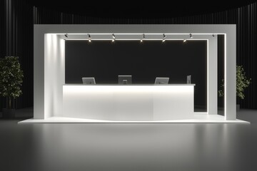 A blank exhibition stage with pristine white panels set in a dark room, ideal for branding, product showcases, or creative presentations. 3D Rendering