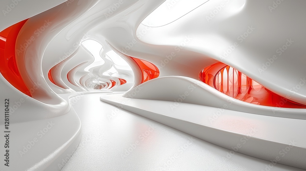 Poster modern design showcases smoothly flowing white and red curves against a sleek high-tech backdrop