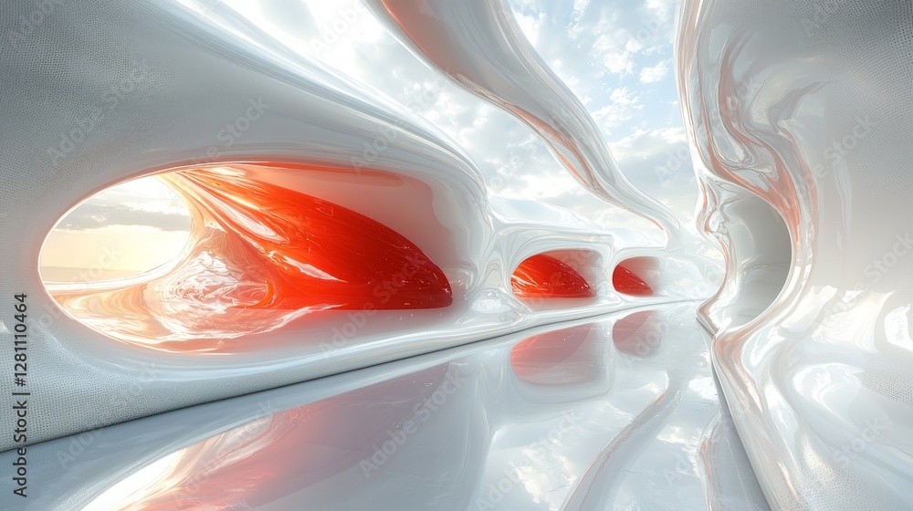 Poster a clean, high-tech background features smoothly blending white and red flowing curves in modern desi