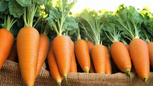 Tracking video, soft natural light, the camera tracks along a row of fresh carrots with their green tops, lying on a burlap sack, natural light highlights the vibrant colors and earthy texture