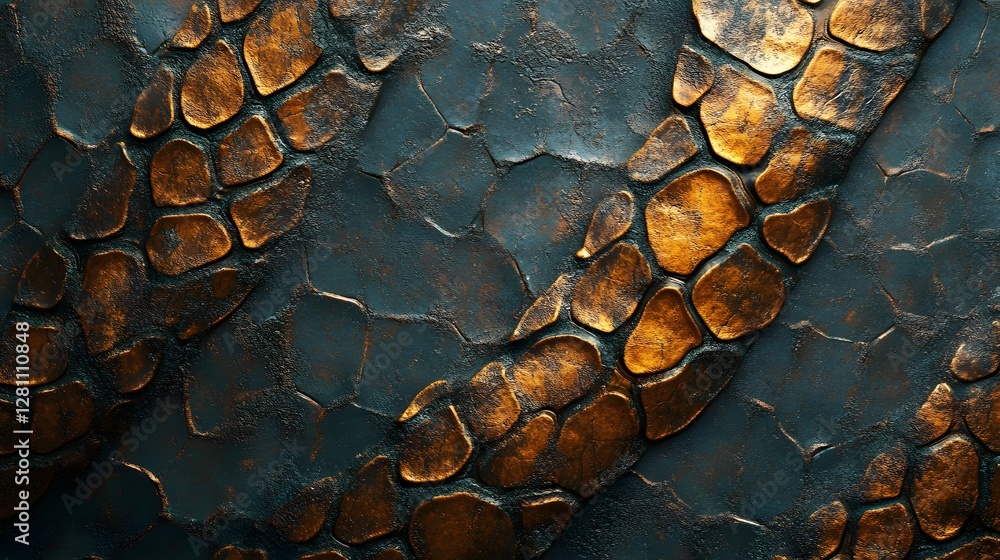 Poster Close-up shot of an abstract textured surface. Copper-like elements intertwine with a dark, stone-like backdrop. Abstract Copper and Dark Stone Texture: A Luxurious, Artistic Composition