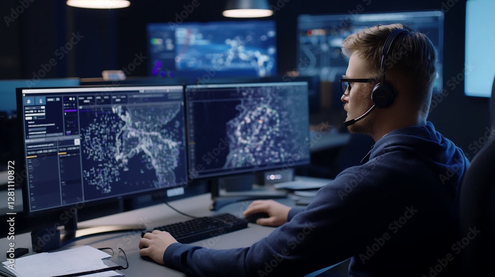 Poster a smart city control room displaying a generative ai assistant in augmented reality, optimizing urba
