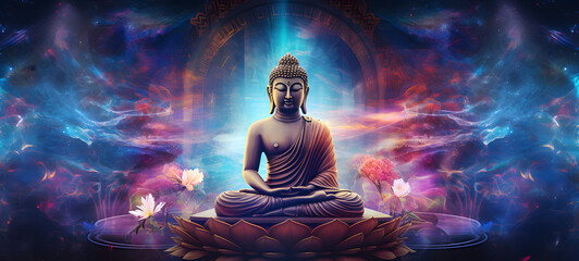 Budha temple with glittercore skin and filigree transparent metallic rainbow leaf, ai generative