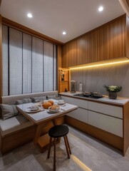 A Corner Kitchen With Dining Area and Small Table