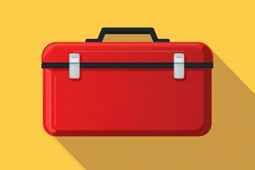  Classic Red Metal Toolbox on a Yellow Background, Essential Tool Storage for Repairs and Maintenance, Flat Design with Long Shadow