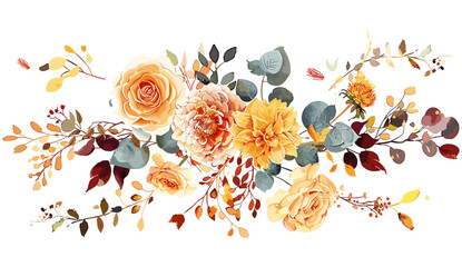 Vector illustration Autumn bouquet, fall watercolor yellow, orange, pink rose flower, cream dahlia, carnation, eucalyptus leaves, branches, editable illustration, wedding invite, thanksgiving