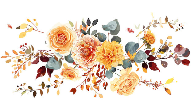 Vector illustration Autumn bouquet, fall watercolor yellow, orange, pink rose flower, cream dahlia, carnation, eucalyptus leaves, branches, editable illustration, wedding invite, thanksgiving