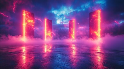 Neon pink lightning bolts light up a dark textured wall in a futuristic, sci-fi-inspired setting, generating an electrifying, high-tech ambiance