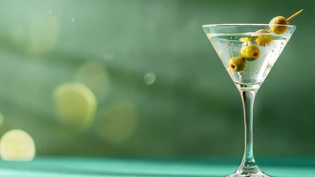 Elegant martini pour with olive garnish against blur green backdrop in natural light